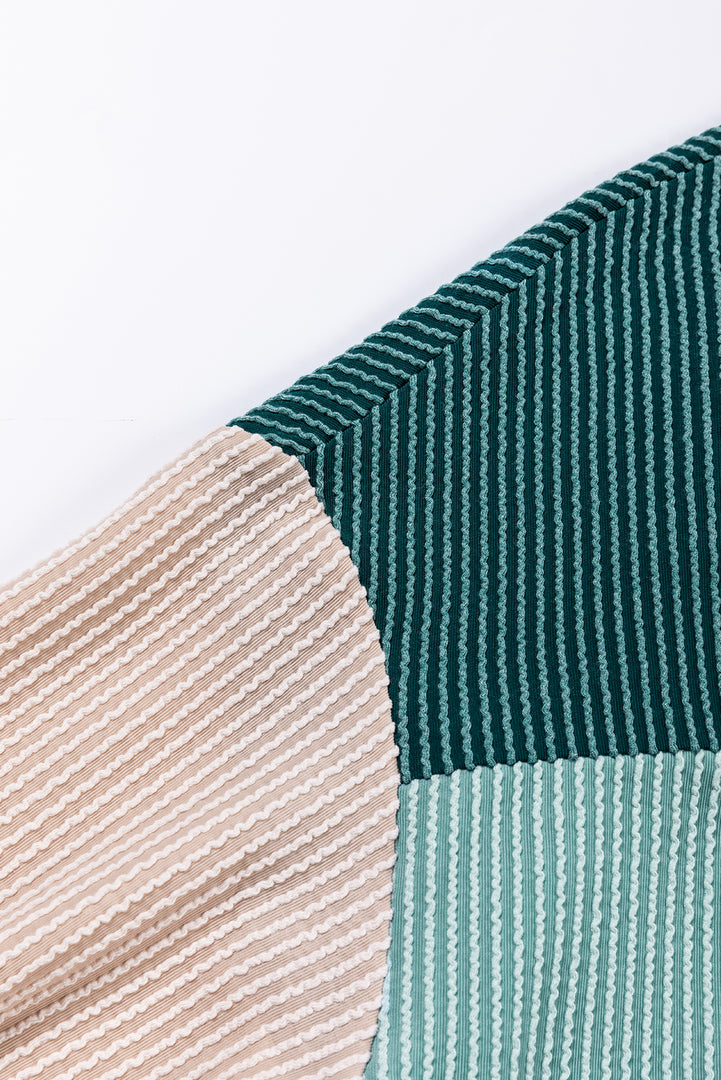 Multicolor Color Block Long Sleeve Ribbed Loose Top - Fashion Queen -  14