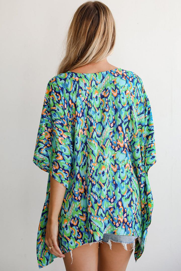 Pink Abstract Print V Neck Half Sleeve Loose Fit Tunic Blouse
