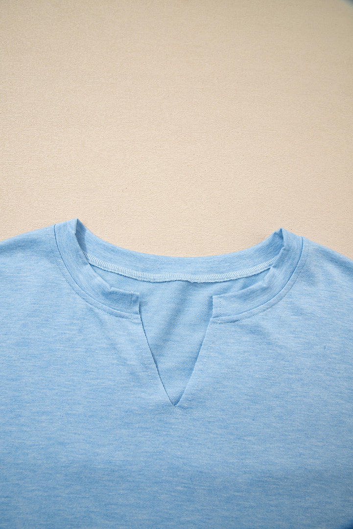 Myosotis Notched Neck Terry Raw Hem Long Sleeve Top