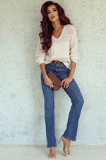 Load image into Gallery viewer, Black Eyelet Pattern Detail V Neck Drop Shoulder Sweater - Fashion Queen