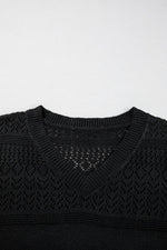 Load image into Gallery viewer, Black Eyelet Pattern Detail V Neck Drop Shoulder Sweater - Fashion Queen
