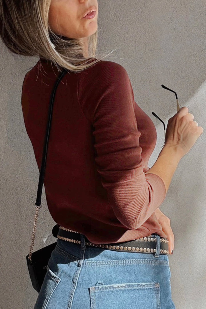 Burgundy Gathered Bust Square Neck Ribbed Fit Long Sleeve Top - Fashion Queen -  2