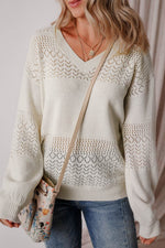 Load image into Gallery viewer, Black Eyelet Pattern Detail V Neck Drop Shoulder Sweater - Fashion Queen