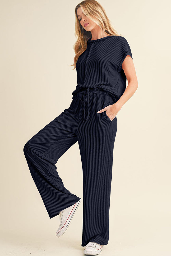 Blackish Green Solid Color Corded Short Sleeve Top and Casual Pants Set