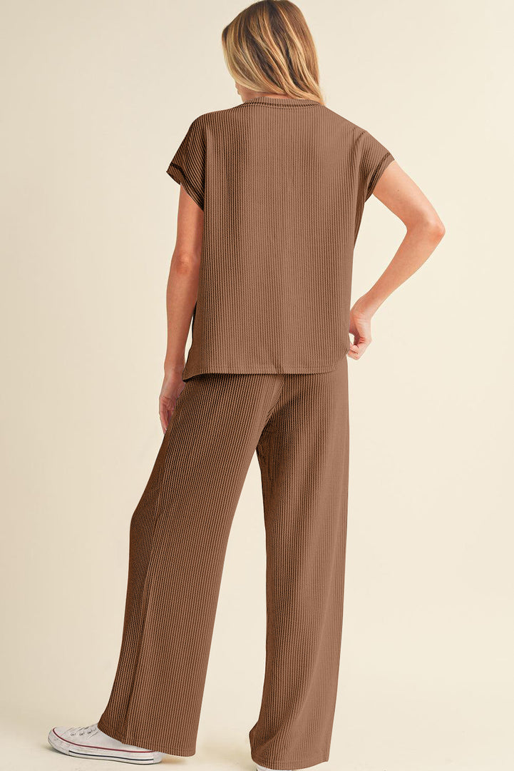 Blackish Green Solid Color Corded Short Sleeve Top and Casual Pants Set