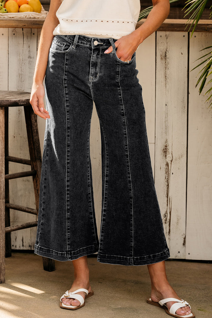 Dark Blue Plain Seam Detail Flared Bottom Ankle Length Jeans
