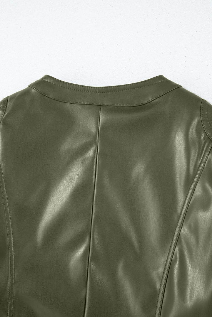 Black Solid Faux Leather Zipper Slim Fit Bomber Jacket - Fashion Queen