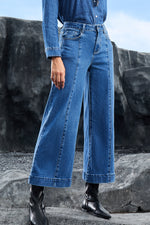 Load image into Gallery viewer, Dark Blue Plain Seam Detail Flared Bottom Ankle Length Jeans - Fashion Queen -  2