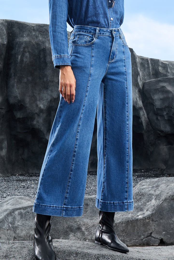 Dark Blue Plain Seam Detail Flared Bottom Ankle Length Jeans - Fashion Queen -  2