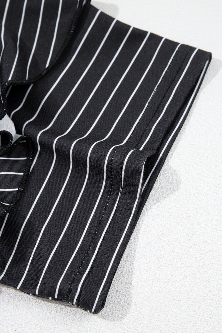 Black Stripe Ruffled Short Sleeve Crew Neck T Shirt Shift Mini Dress
