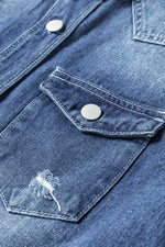 Load image into Gallery viewer, Sky Blue Light Wash Distressed Frayed Long Denim Jacket