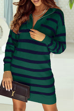 Load image into Gallery viewer, Blue Striped O-ring Zip Collared Loose Sweater Mini Dress - Fashion Queen - 21
