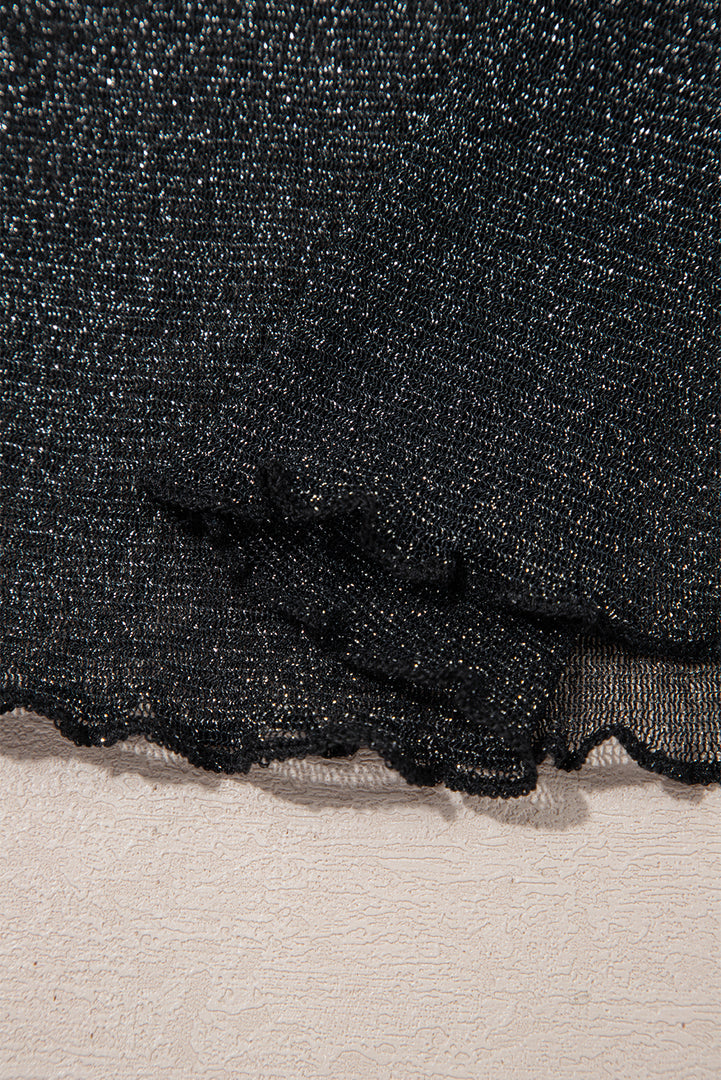 Black Metallic Glitter Mesh Long Sleeve Top - Fashion Queen -  8