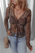 Load image into Gallery viewer, Multicolour Leopard Sheer Mesh Long Sleeve V Neck Lace-up Blouse - Fashion Queen - 3