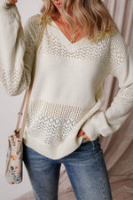 Load image into Gallery viewer, Black Eyelet Pattern Detail V Neck Drop Shoulder Sweater - Fashion Queen