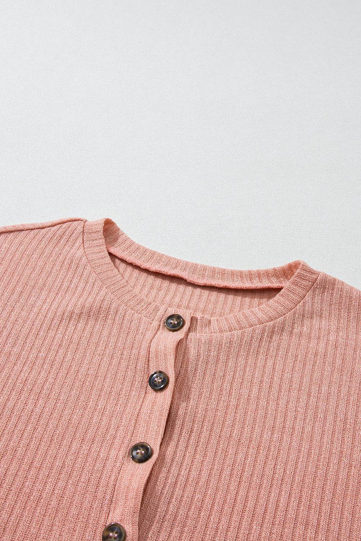 Pale Khaki Rib Textured Henley Knit Top - Fashion Queen