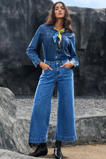 Load image into Gallery viewer, Dark Blue Plain Seam Detail Flared Bottom Ankle Length Jeans - Fashion Queen -  14