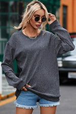 Load image into Gallery viewer, Black Solid Ribbed Knit Round Neck Pullover Sweatshirt - Fashion Queen
