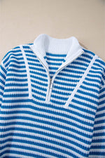 Load image into Gallery viewer, Pink Stripe Zip up Collar Drop Shoulder Sweater - Fashion Queen