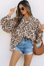 Load image into Gallery viewer, Rose Red Oversized Leopard Print Balloon Sleeve Casual Shirt