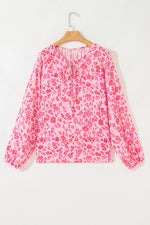 Load image into Gallery viewer, Pink Floral Puff Sleeve Split Neck Lightweight Blouse - Fashion Queen - 4
