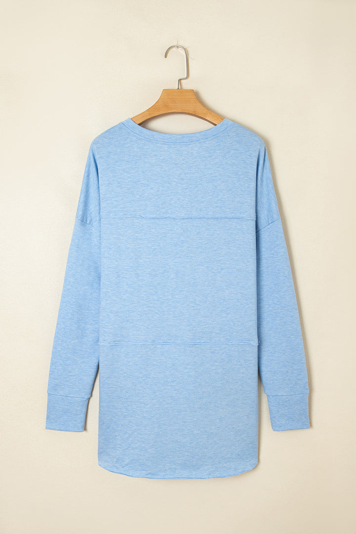 Myosotis Notched Neck Terry Raw Hem Long Sleeve Top