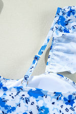 Load image into Gallery viewer, Blue Floral Ruffled Strap Lace-up Hollow Out One Piece Swimsuit - Fashion Queen