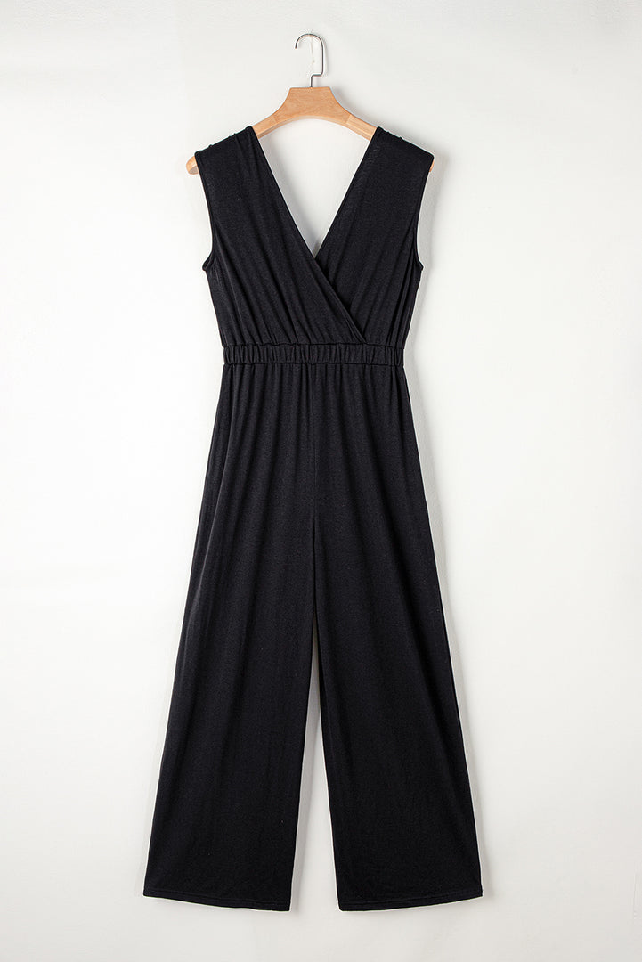 Jungle Green Deep V Pleated Crisscross Wide Leg Backless Jumpsuit