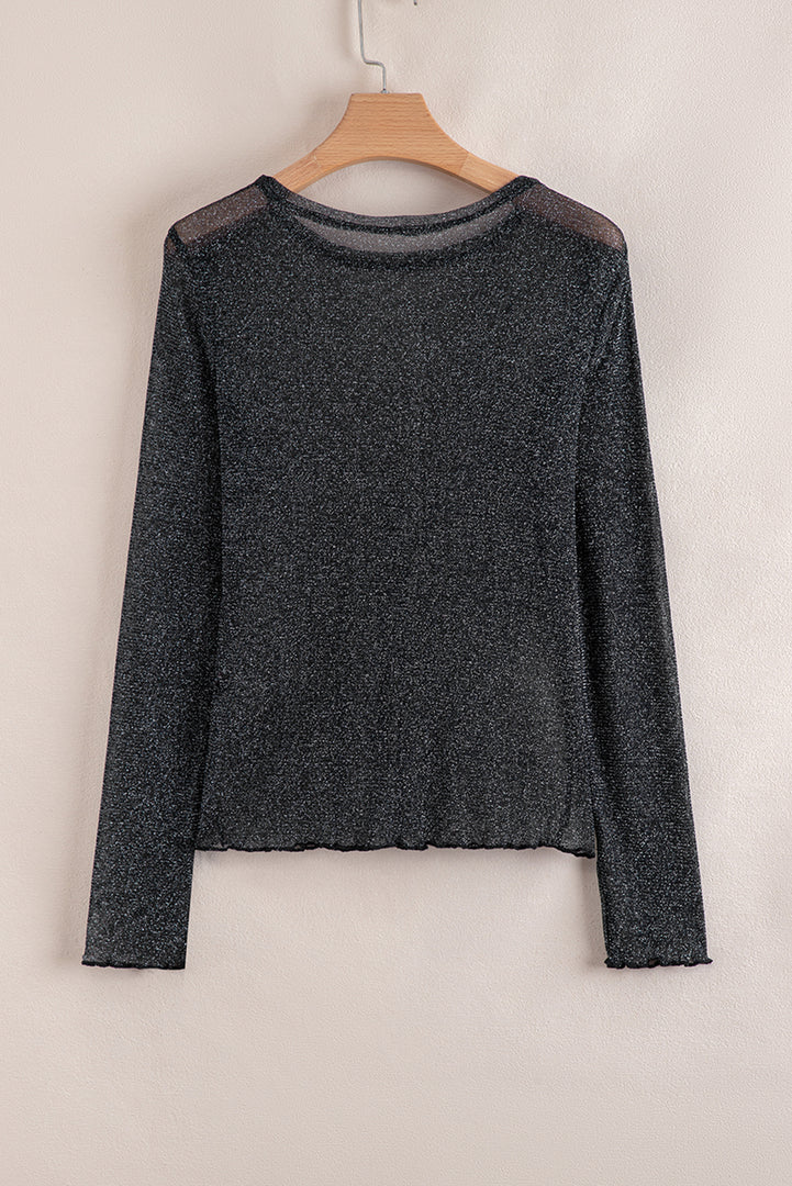Black Metallic Glitter Mesh Long Sleeve Top - Fashion Queen -  5