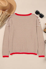 Load image into Gallery viewer, Fiery Red Contrast Trimmed Striped Drop Shoulder Sweater - Fashion Queen