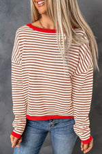 Load image into Gallery viewer, Fiery Red Contrast Trimmed Striped Drop Shoulder Sweater - Fashion Queen