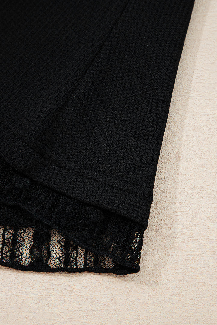 Black Lace Patchwork Flounce Sleeve Slim Fit Top