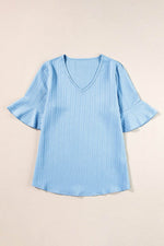 Load image into Gallery viewer, Peach Blossom Ruffled Half Sleeve V Neck Textured Top - Fashion Queen
