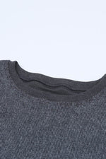 Load image into Gallery viewer, Black Solid Ribbed Knit Round Neck Pullover Sweatshirt - Fashion Queen