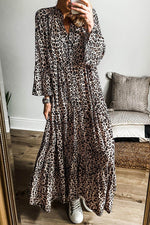 Load image into Gallery viewer, Apricot Leopard Print Tiered Wide Sleeve Maxi Dress - Fashion Queen - 1
