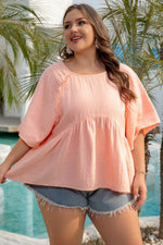 Load image into Gallery viewer, Apricot Pink Plus Size Textured Wide Short Sleeve Babydoll Blouse - Fashion Queen - 15