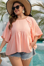 Load image into Gallery viewer, Apricot Pink Plus Size Textured Wide Short Sleeve Babydoll Blouse - Fashion Queen - 17