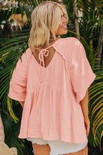 Load image into Gallery viewer, Apricot Pink Plus Size Textured Wide Short Sleeve Babydoll Blouse - Fashion Queen - 2