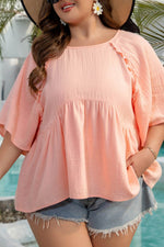 Load image into Gallery viewer, Apricot Pink Plus Size Textured Wide Short Sleeve Babydoll Blouse - Fashion Queen - 20