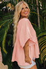 Load image into Gallery viewer, Apricot Pink Plus Size Textured Wide Short Sleeve Babydoll Blouse - Fashion Queen - 3