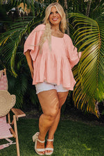 Load image into Gallery viewer, Apricot Pink Plus Size Textured Wide Short Sleeve Babydoll Blouse - Fashion Queen - 5