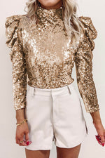 Load image into Gallery viewer, Apricot Sequin Mock Neck Bubble Sleeve Top - Fashion Queen - 12