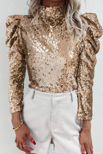 Load image into Gallery viewer, Apricot Sequin Mock Neck Bubble Sleeve Top - Fashion Queen - 13