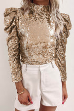Load image into Gallery viewer, Apricot Sequin Mock Neck Bubble Sleeve Top - Fashion Queen - 14