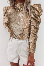Load image into Gallery viewer, Apricot Sequin Mock Neck Bubble Sleeve Top - Fashion Queen - 15