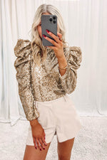 Load image into Gallery viewer, Apricot Sequin Mock Neck Bubble Sleeve Top - Fashion Queen - 16