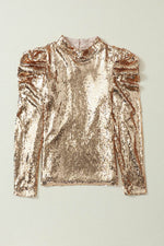 Load image into Gallery viewer, Apricot Sequin Mock Neck Bubble Sleeve Top - Fashion Queen - 17