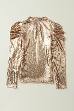 Load image into Gallery viewer, Apricot Sequin Mock Neck Bubble Sleeve Top - Fashion Queen - 18
