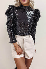 Load image into Gallery viewer, Apricot Sequin Mock Neck Bubble Sleeve Top - Fashion Queen - 23