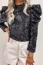 Load image into Gallery viewer, Apricot Sequin Mock Neck Bubble Sleeve Top - Fashion Queen - 24
